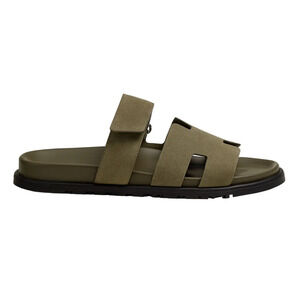 Hermes Chypre Sandal Mens Vert Toundra Green Suede Black H Logo Slide Flat 46 13
